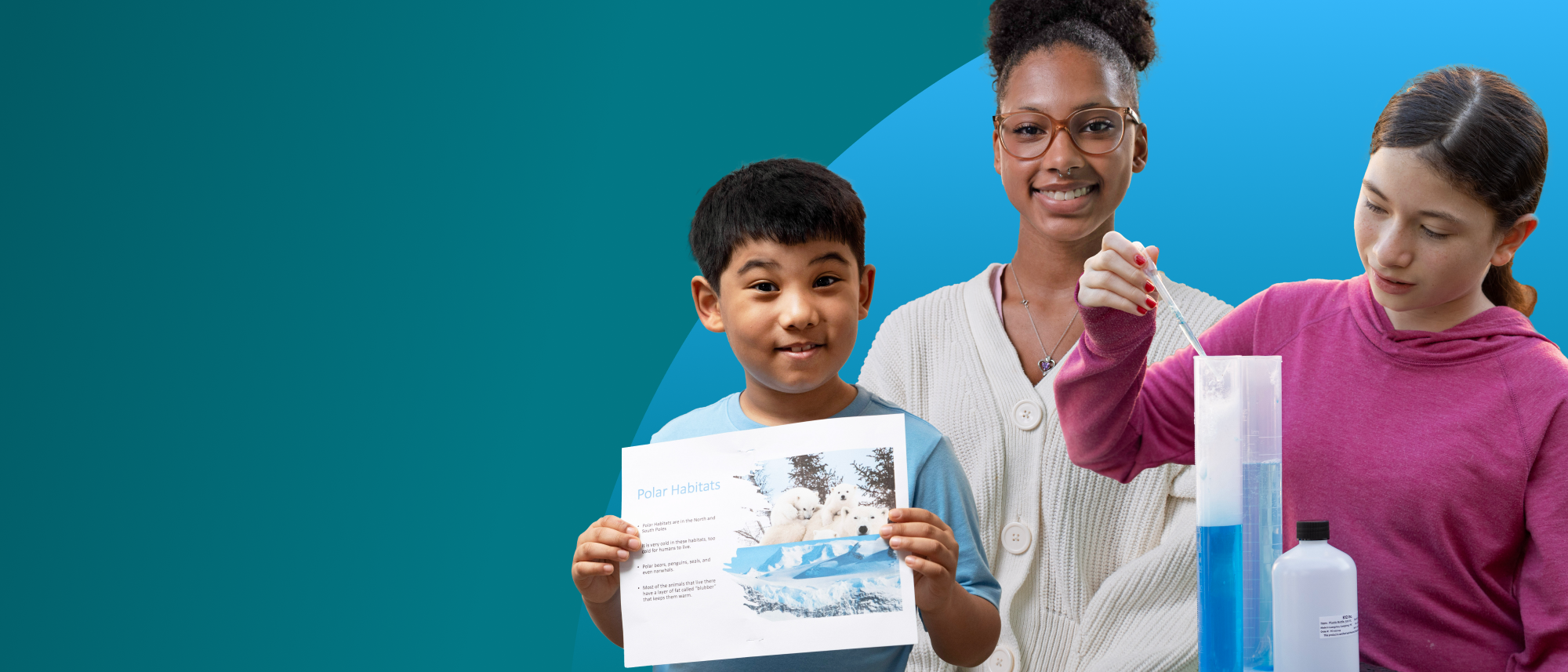 Students smiling, doing experiments and with paper