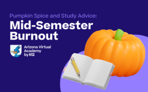 Graphic with pumpkin and notebook.